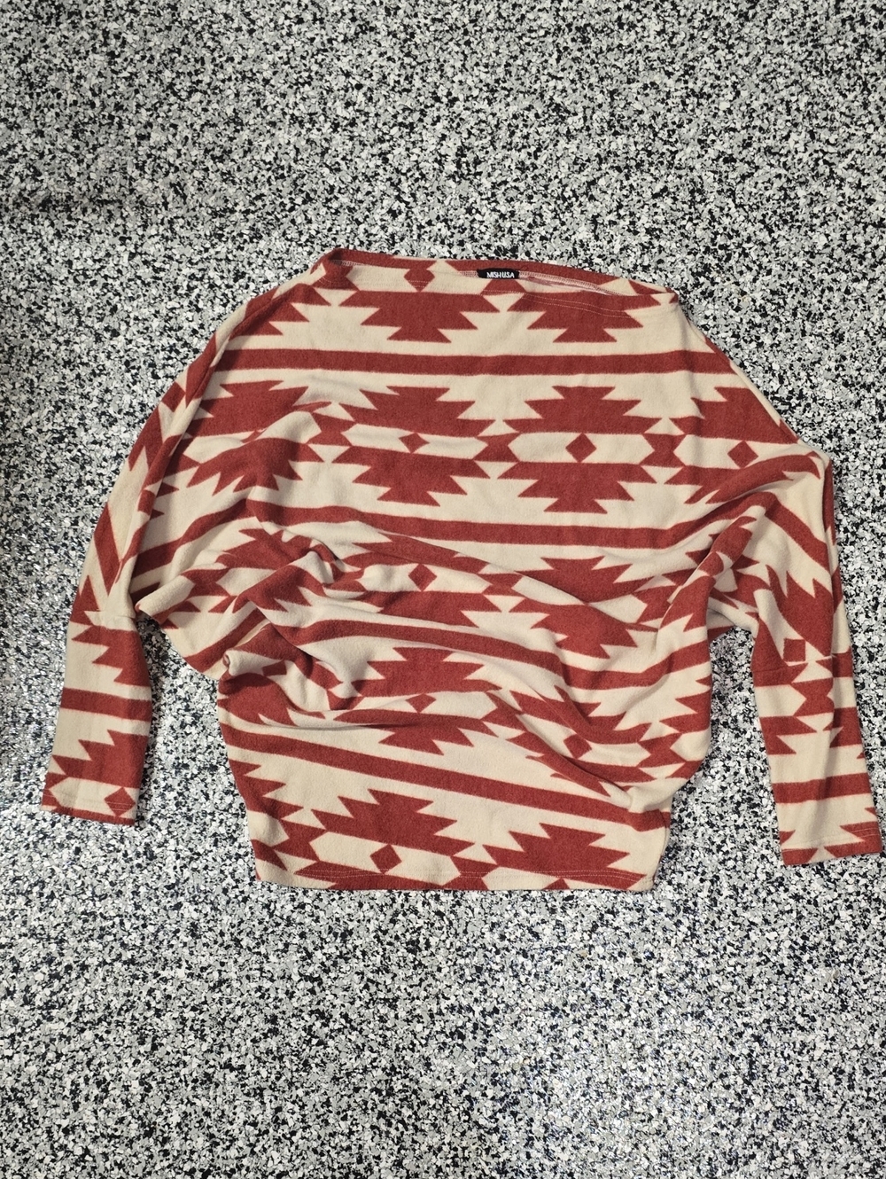 HEIMISH USA Off-the-Shoulder Aztec Sweater in Rust and Cream